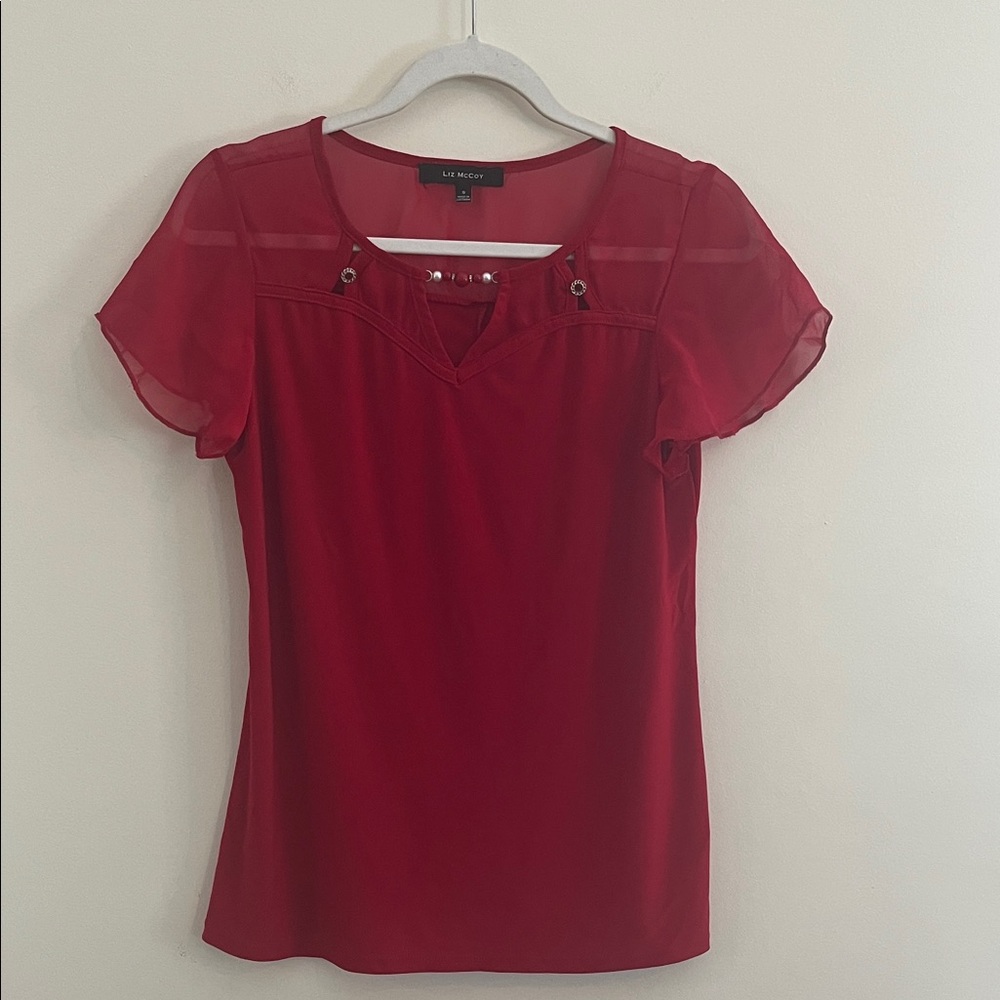 Vintage Liz McCoy Y2K Flutter Sleeve Top Beaded Red Gothic S Romantic Sheer